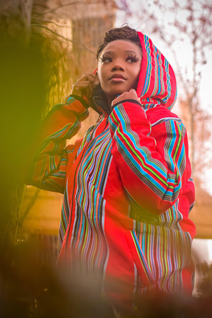 Red Venda Extra Long Jacket with Removable hood Tribe Afrique