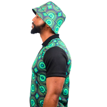 Green Ahanta ShweShwe Heritage African Golf Shirt with Matching Bucket Hat by Tribe Afrique