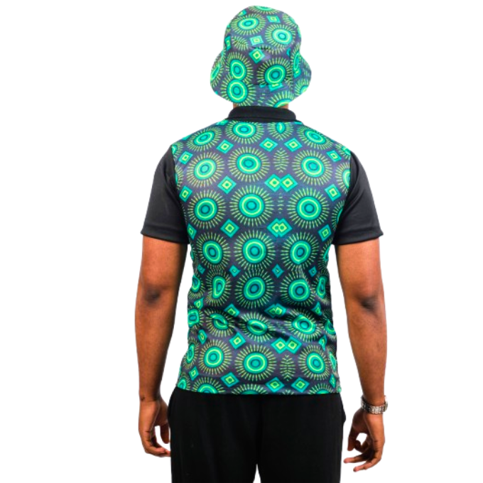 Green Ahanta ShweShwe Heritage African Golf Shirt with Matching Bucket Hat by Tribe Afrique