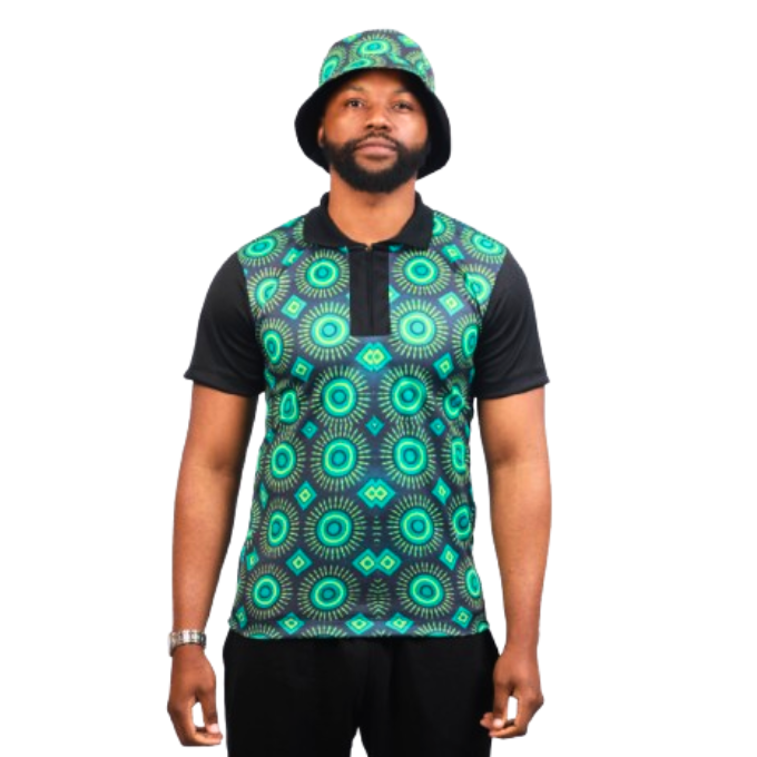 Green Ahanta ShweShwe Heritage African Golf Shirt with Matching Bucket Hat by Tribe Afrique