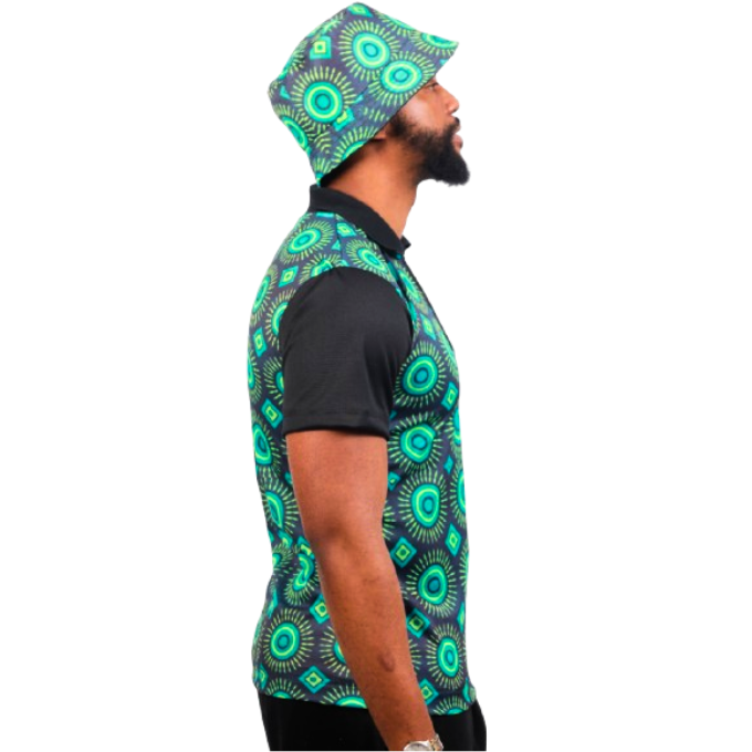 Green Ahanta ShweShwe Heritage African Golf Shirt with Matching Bucket Hat by Tribe Afrique