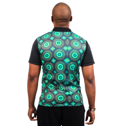 Green Ahanta ShweShwe Heritage African Golf Shirt with Matching Bucket Hat by Tribe Afrique