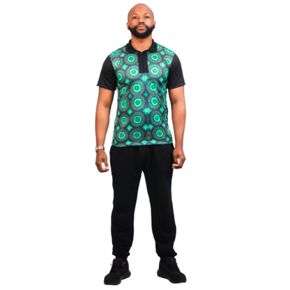 Green Ahanta ShweShwe Heritage African Golf Shirt with Matching Bucket Hat by Tribe Afrique