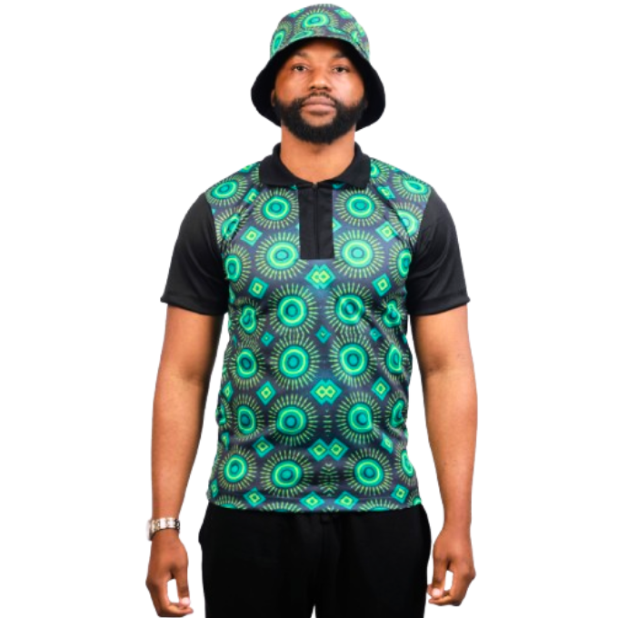 Green Ahanta ShweShwe Heritage African Golf Shirt with Matching Bucket Hat by Tribe Afrique