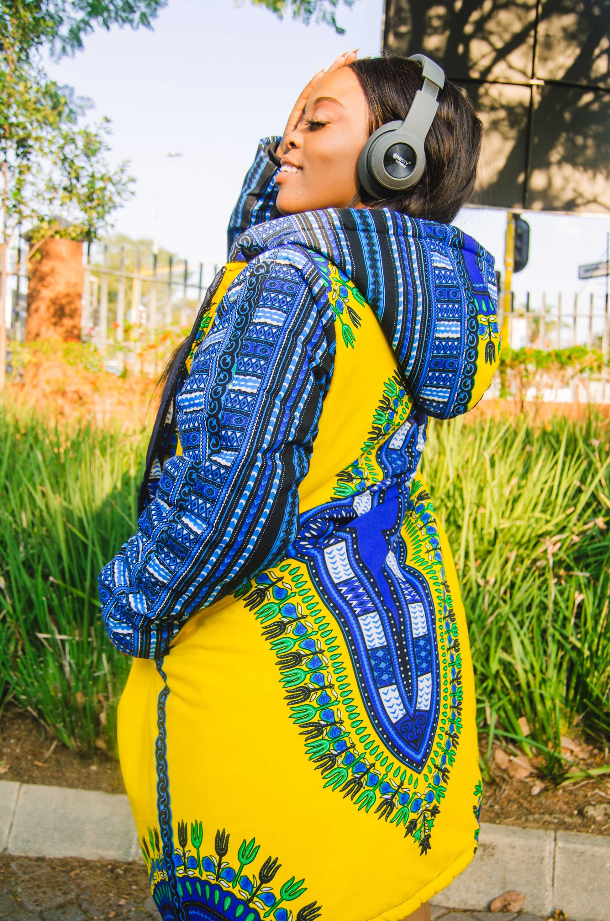Yellow Dashiki Extra Long Jacket with Removable hood Tribe Afrique