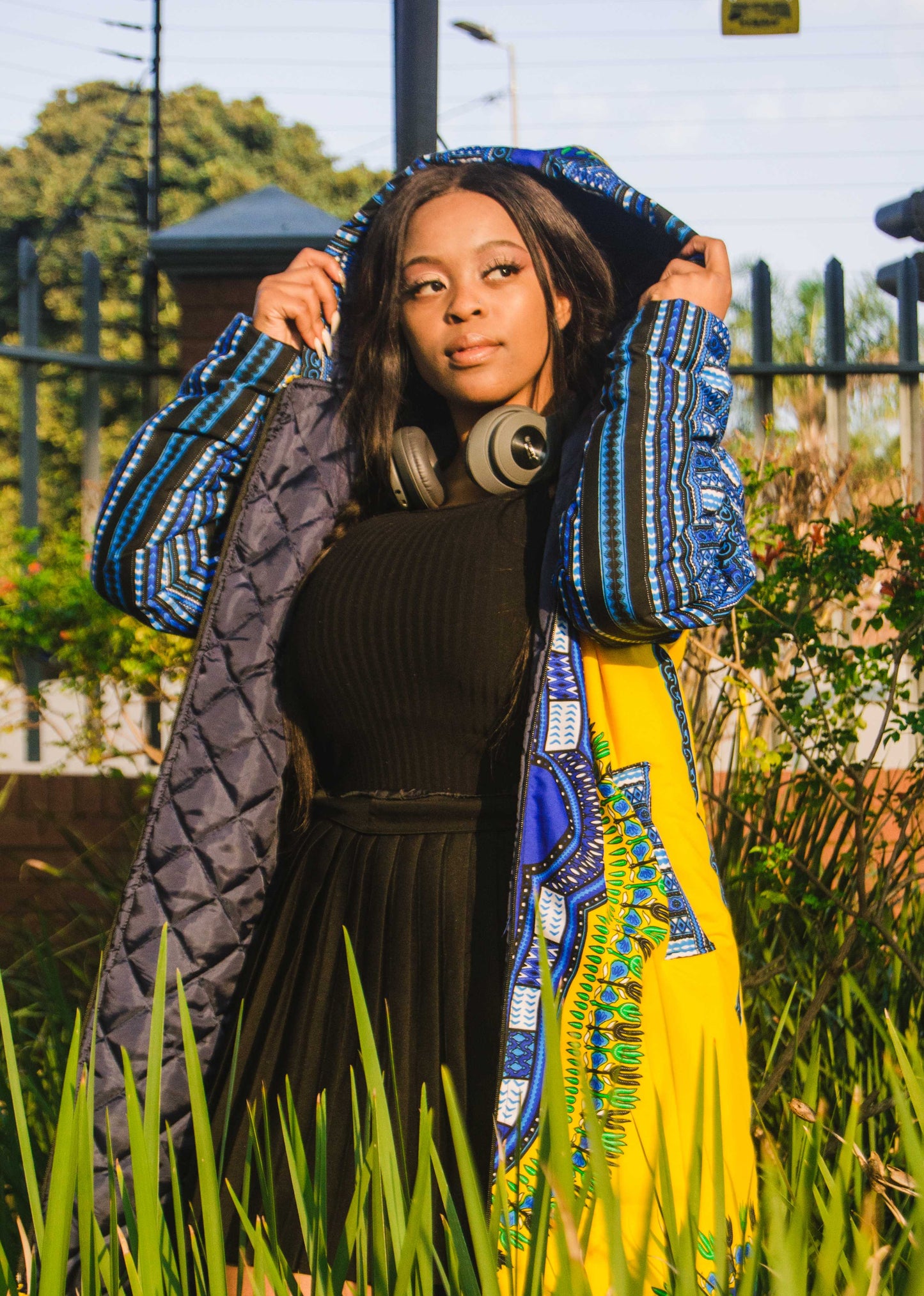 Yellow Dashiki Extra Long Jacket with Removable hood Tribe Afrique