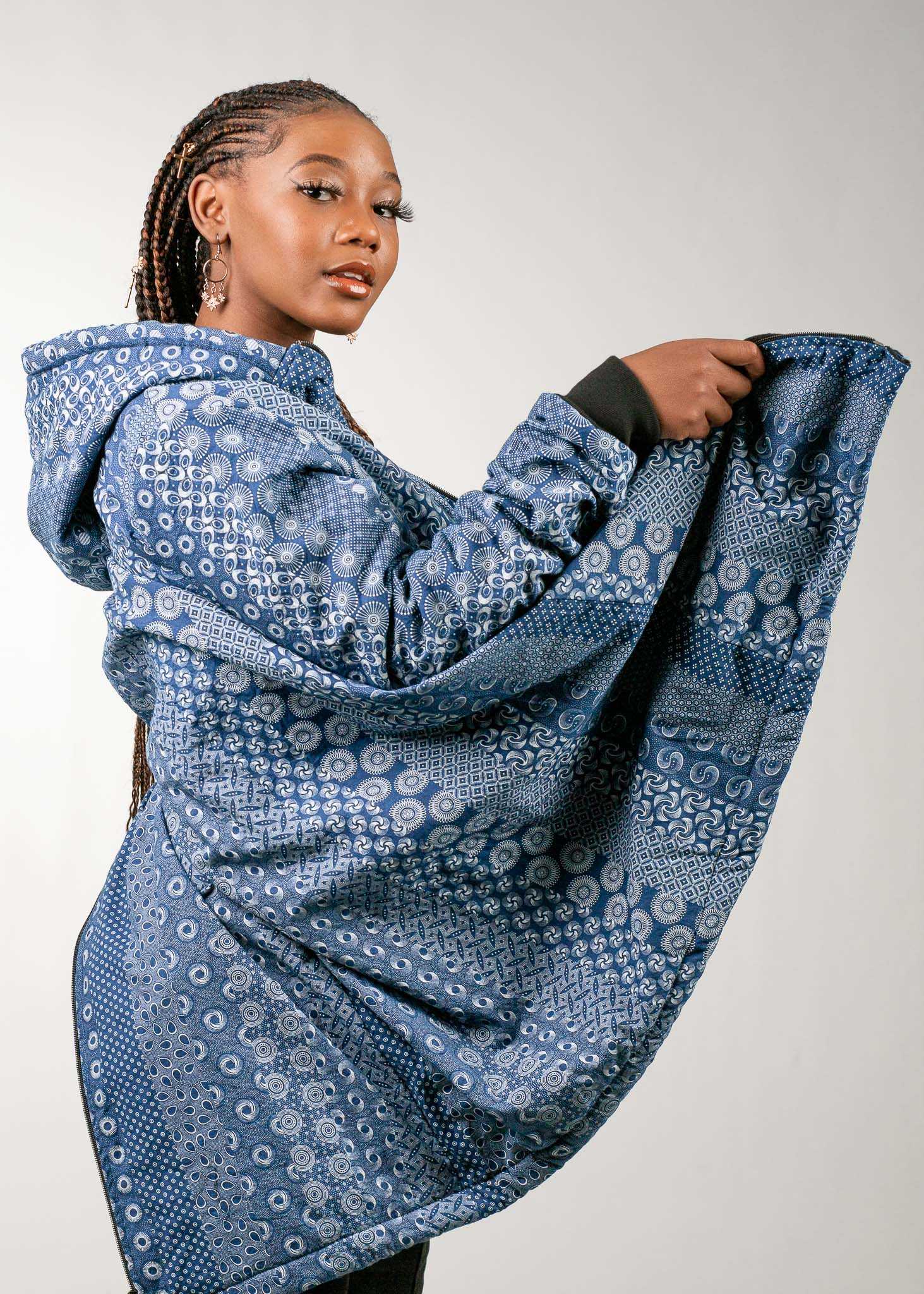 Blue Shweshwe Extra Long Jacket with Removable hood Tribe Afrique