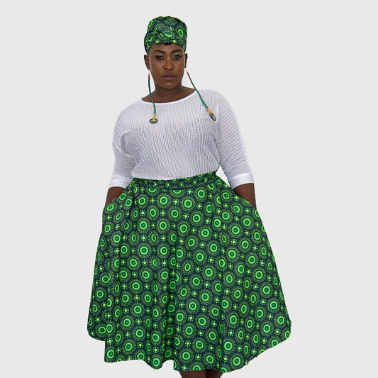 Green Ahanta African Skirt with Matching Dook [HEADWRAP] Tribe Afrique