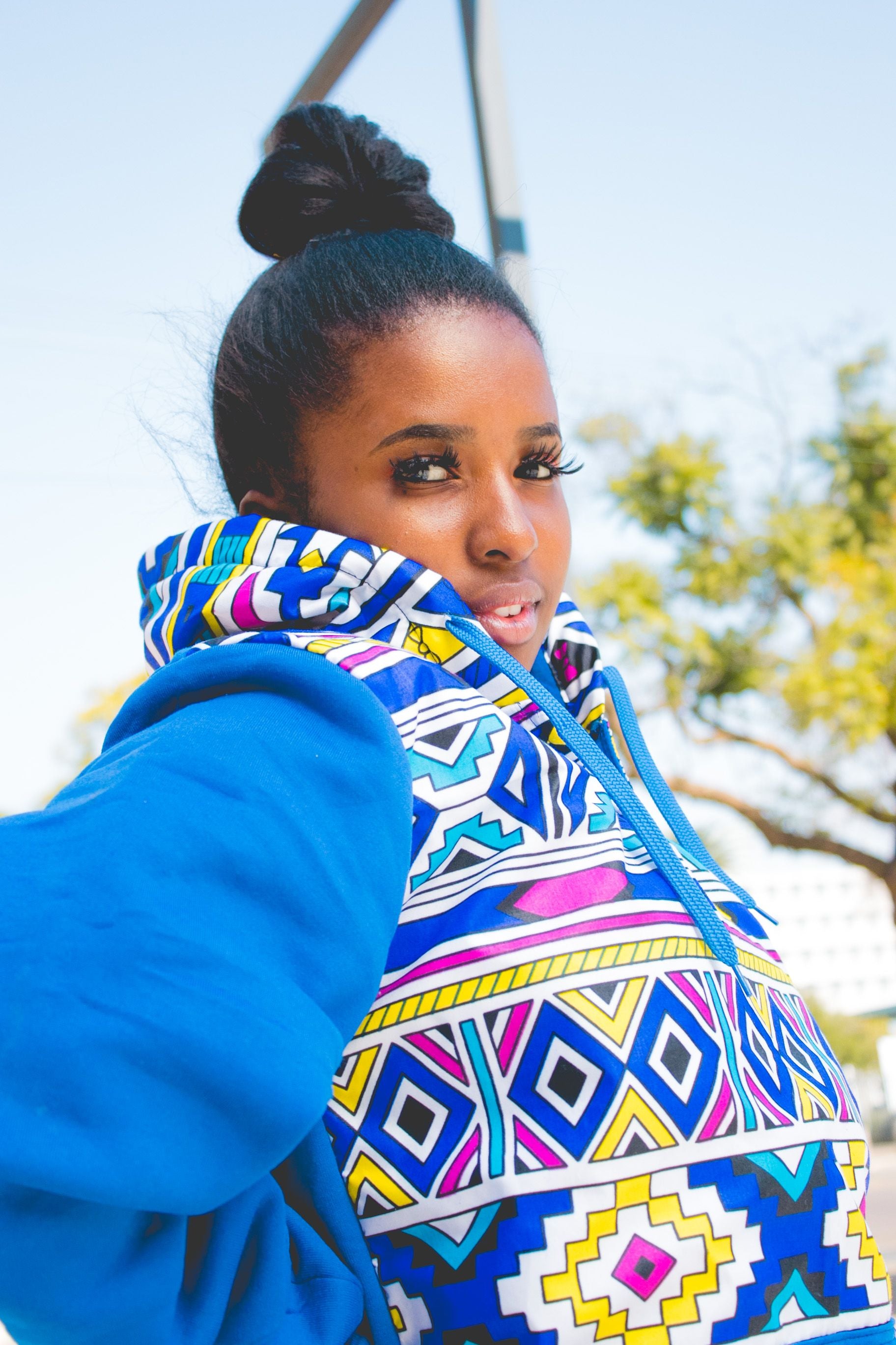 Blue Full Ndebele Hoodie with 3 Ply Mask by Tribe Afrique Tribe Afrique
