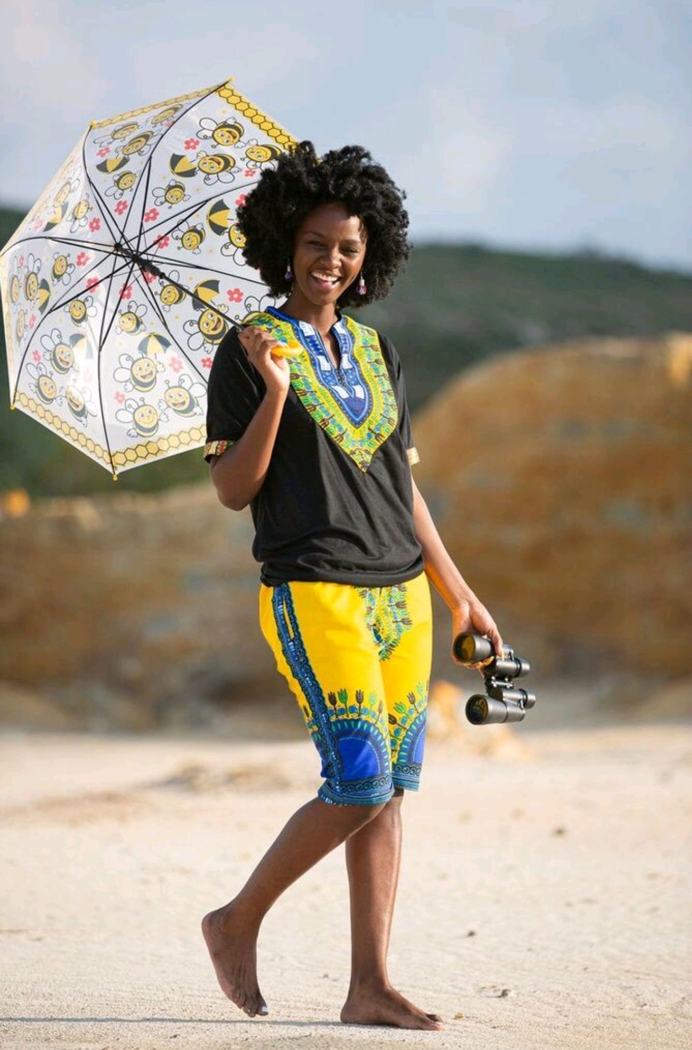 Yellow & Blue Dashiki Shorts by Tribe Afrique with Matching Face Mask