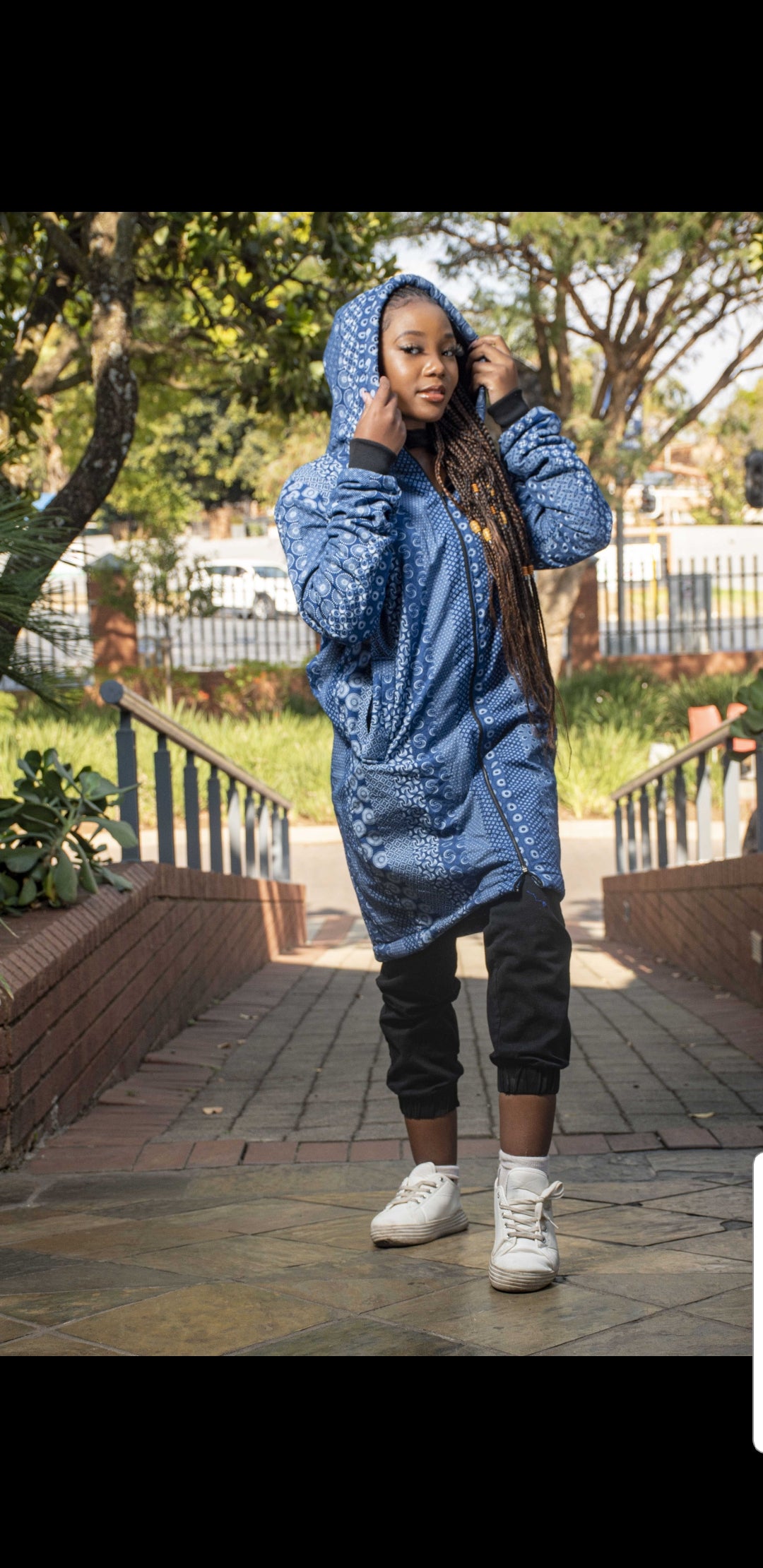 Blue Shweshwe Extra Long Jacket with Removable hood Tribe Afrique