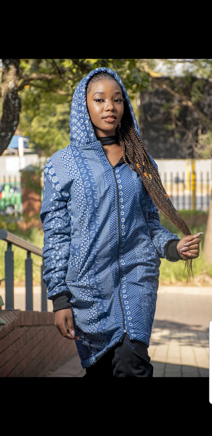 Blue Shweshwe Extra Long Jacket with Removable hood