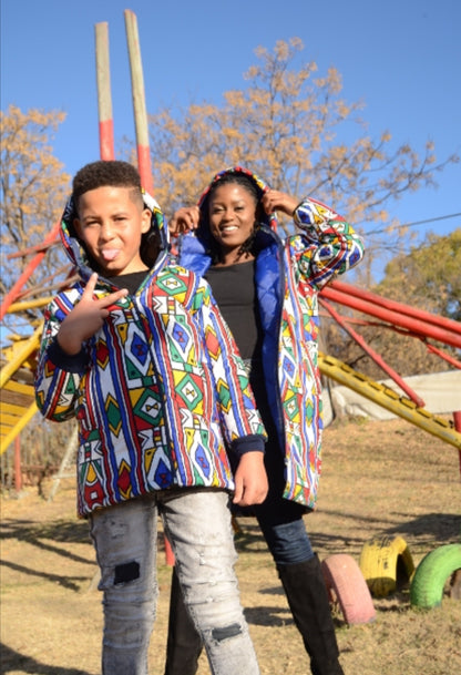 Full Ndebele Kids African Jacket with removable hood Tribe Afrique
