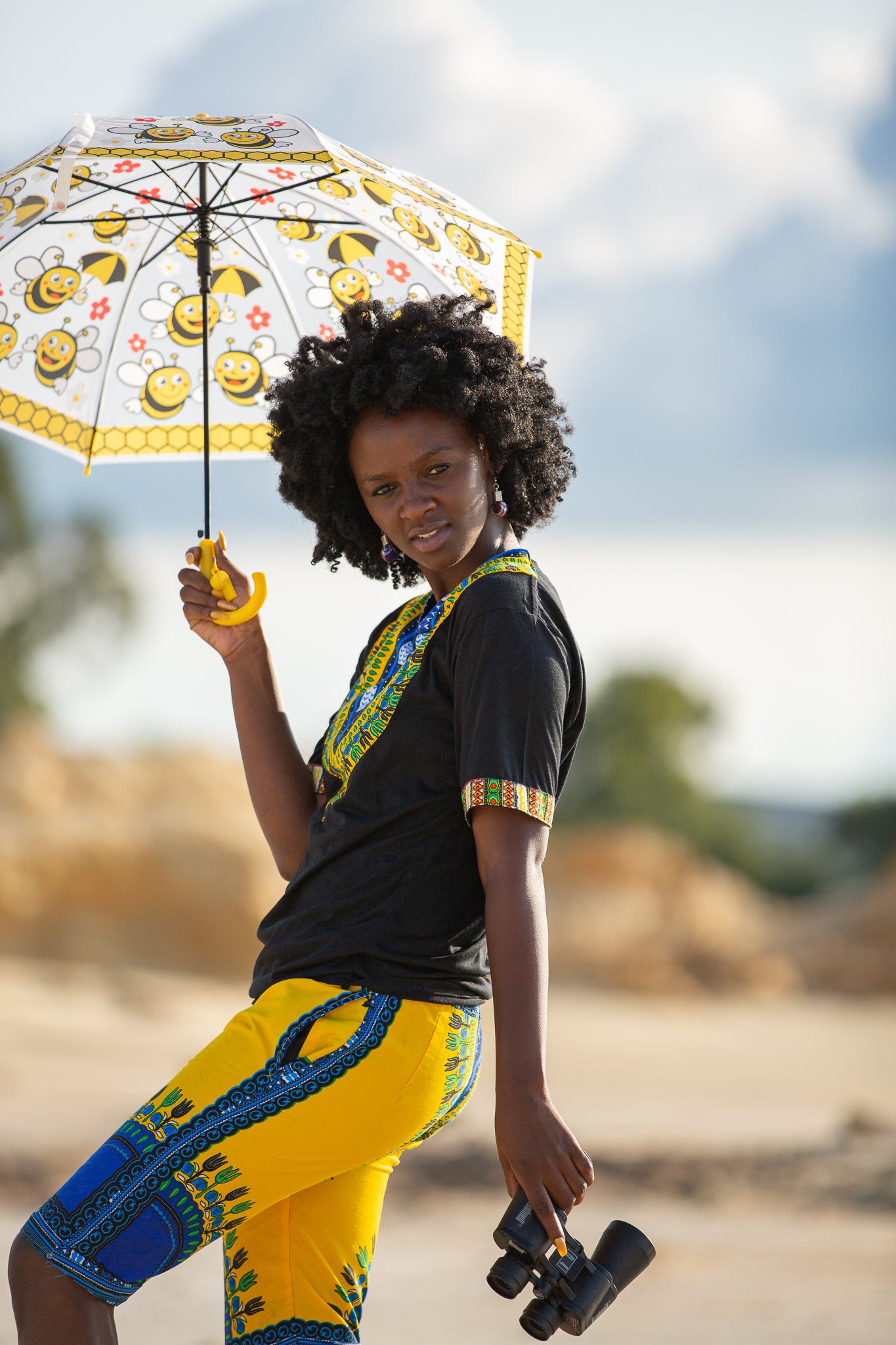 Yellow & Blue Dashiki African Shirt by Tribe Afrique with Matching Face Mask