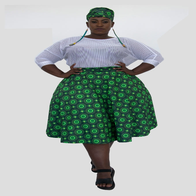 Green Ahanta African Skirt with Matching Dook [HEADWRAP] Tribe Afrique