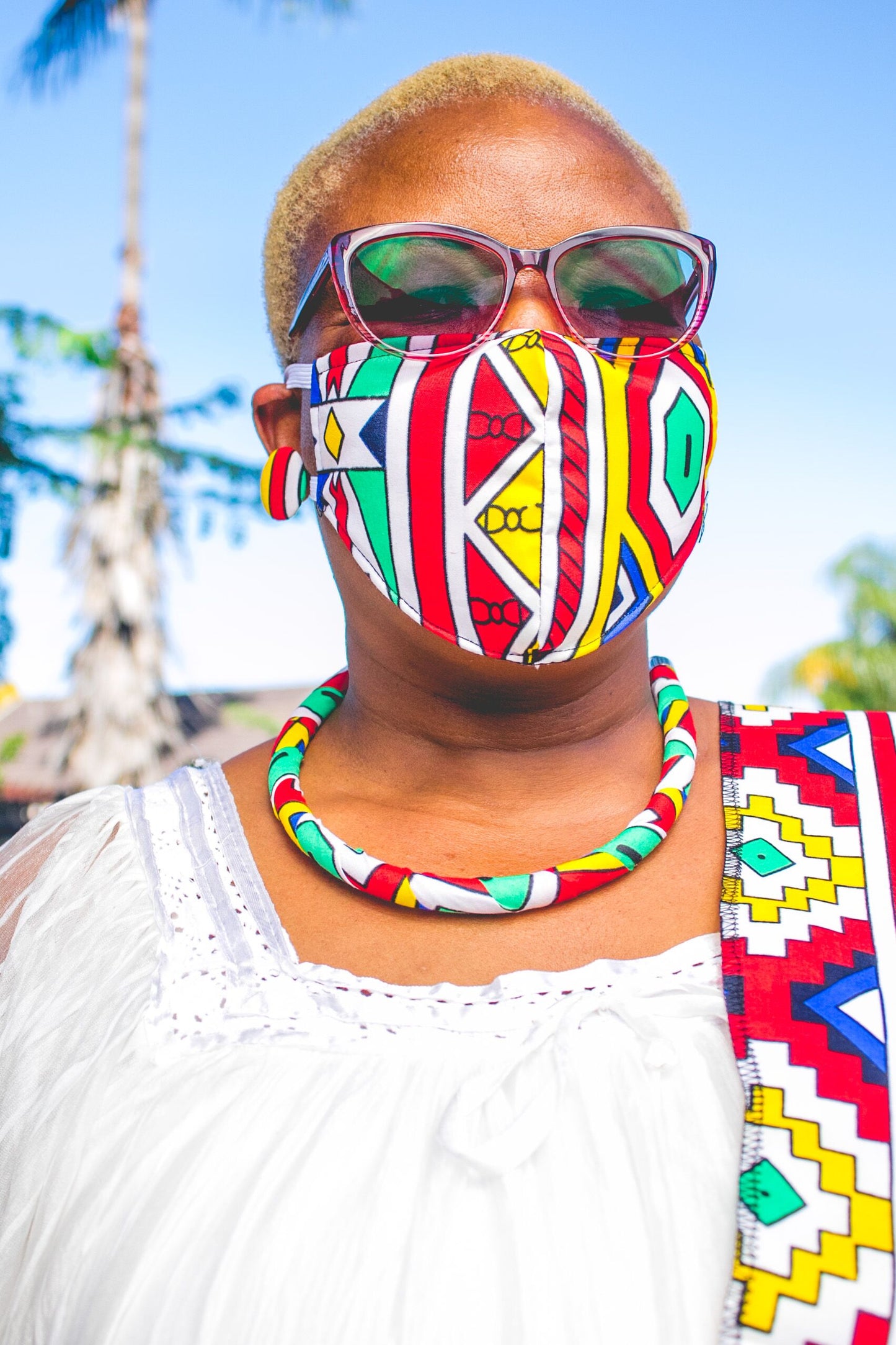 Orange Ndebele  4-Piece Ladies Clucth Bag + Face Mask Set