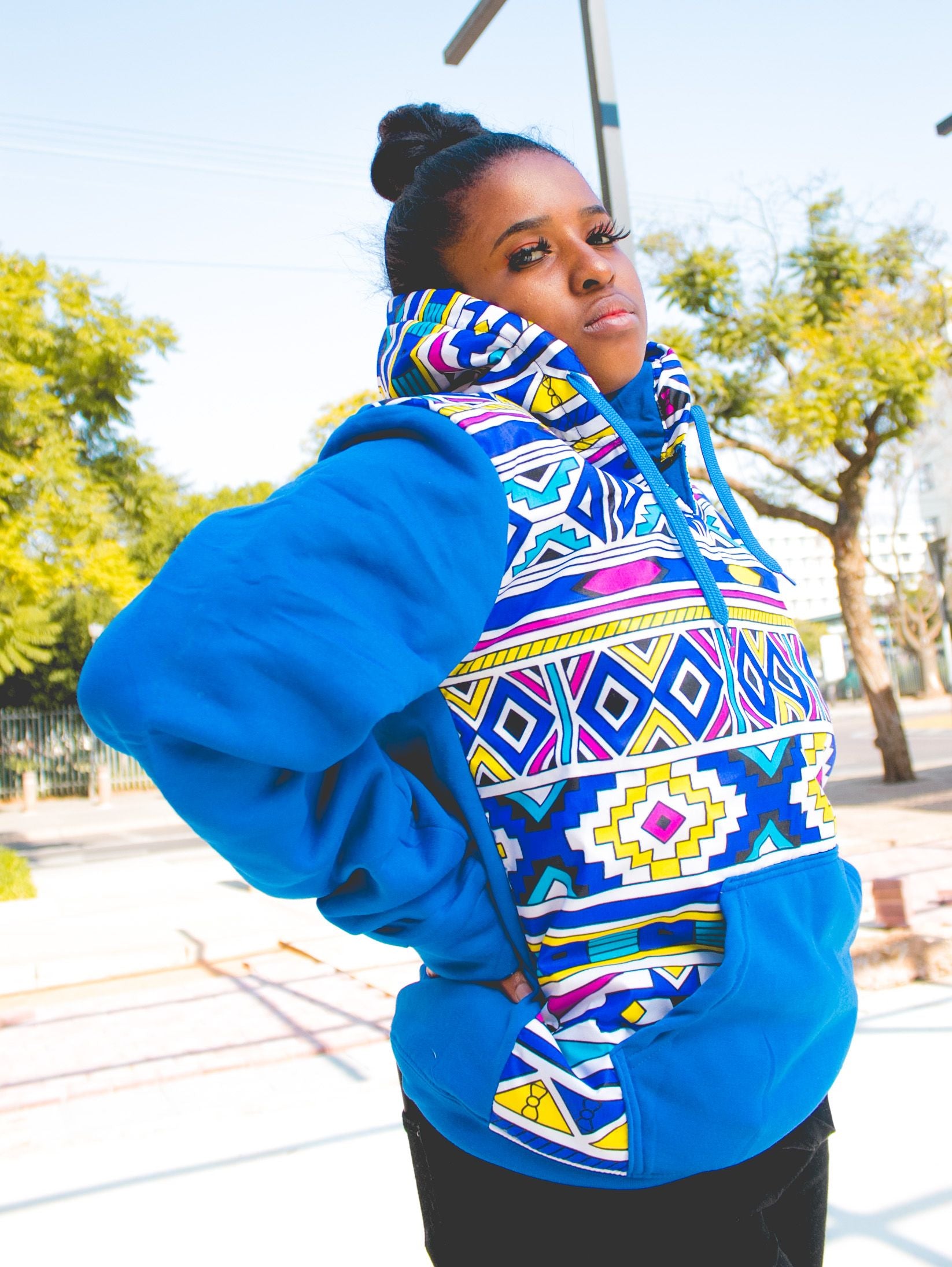 Blue Full Ndebele Hoodie with 3 Ply Mask by Tribe Afrique Tribe Afrique